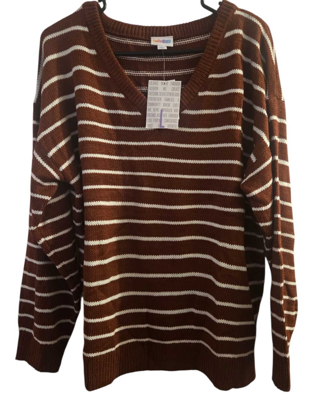 LuLaRoe Brown and Cream Striped V-Neck Sweater